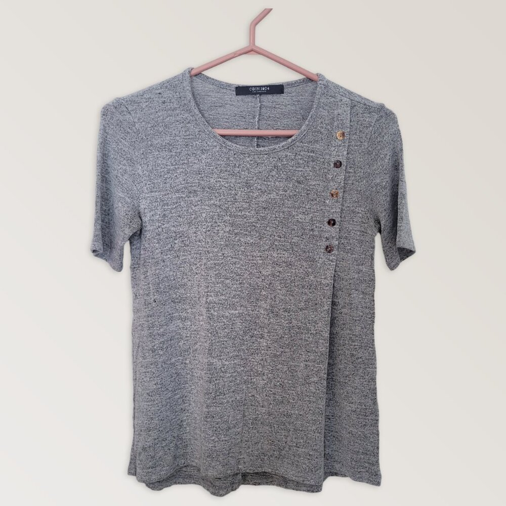 COIN 1804 Gray Blouse, Rayon Blend Top, Coastal Summer T-Shirt, Size S